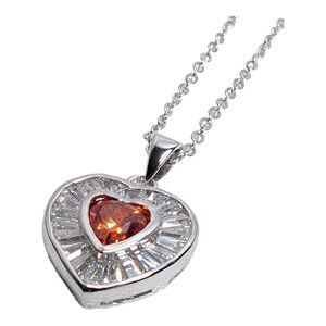 Silver Tone Red Heart Pendant Necklace with Baguette CZ Stones & Red Rhinestone